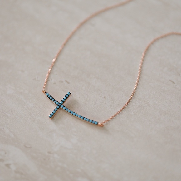 Turquoise Cross Necklace | 14k Rose Gold Plated - Picture 4 of 7